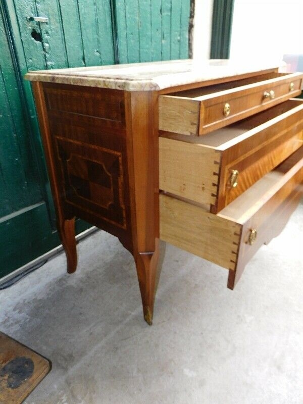 Commode 3 tiroirs plateau marbre style louis xvi en bois de rose