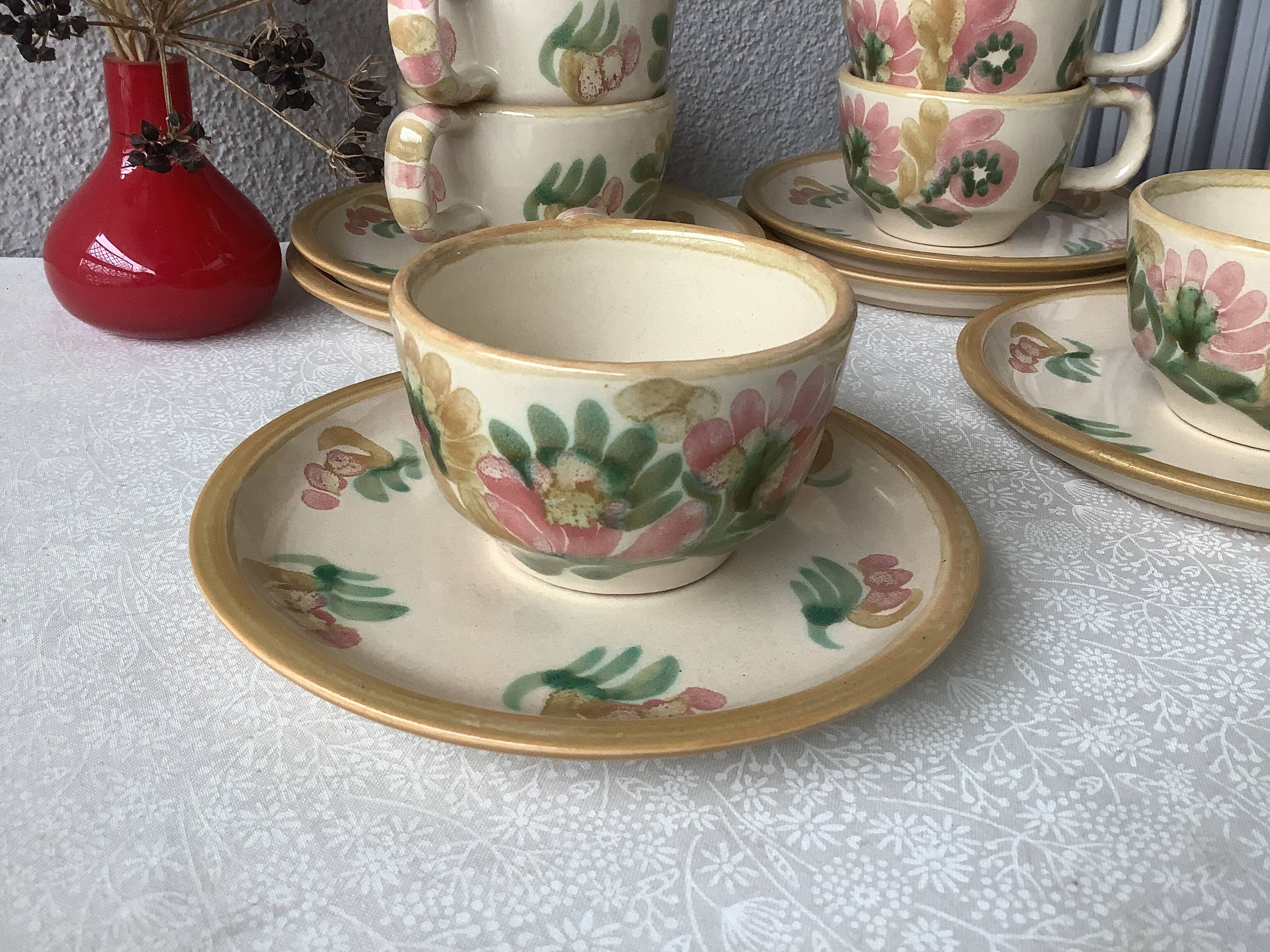 HB Henriot Quimper stoneware cups, hand-painted floral decoration