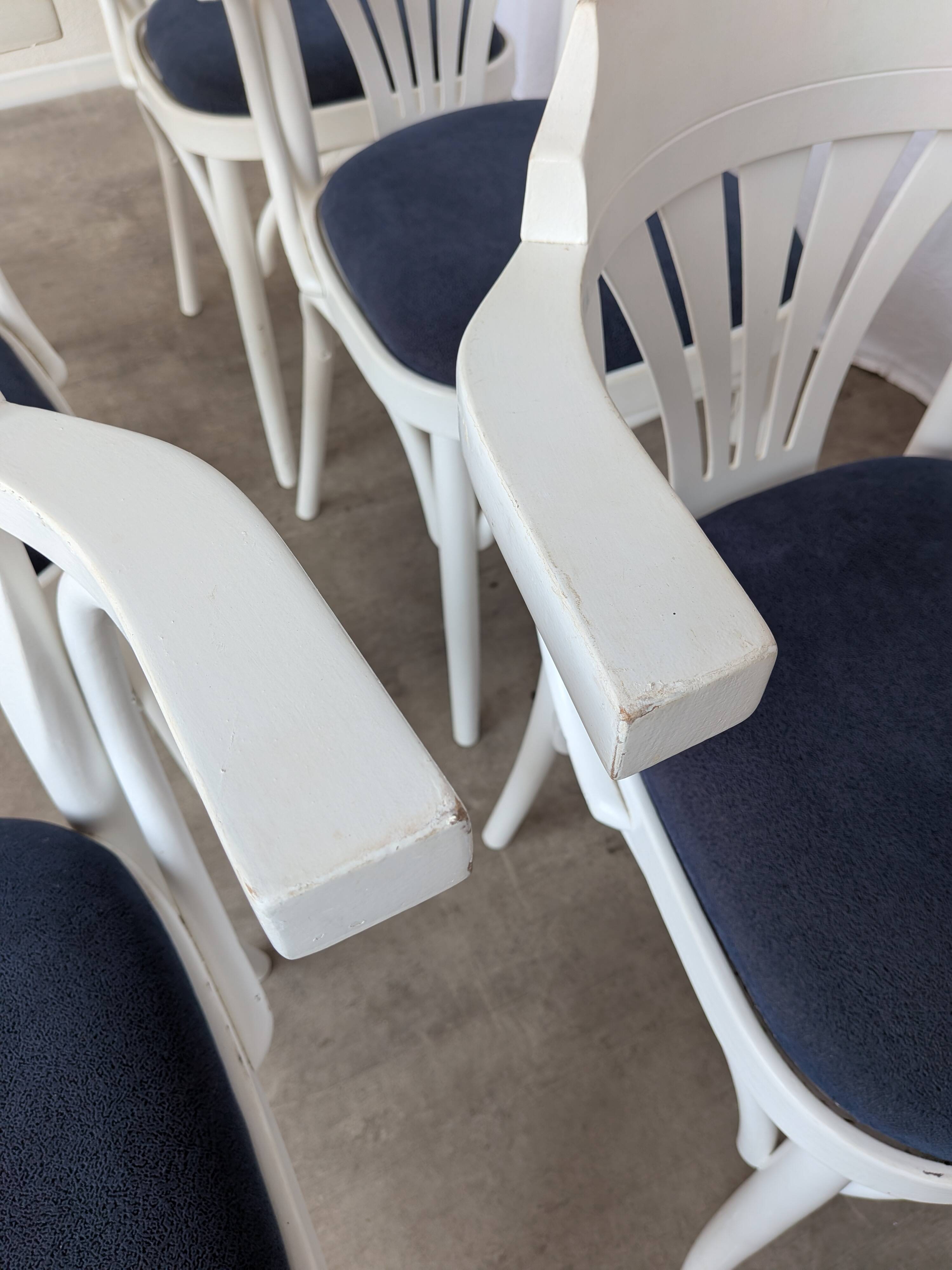 Ensemble de 6 chaises de salle à manger vintage en bois courbé blanc / fauteuil de style Thonet des années 1970