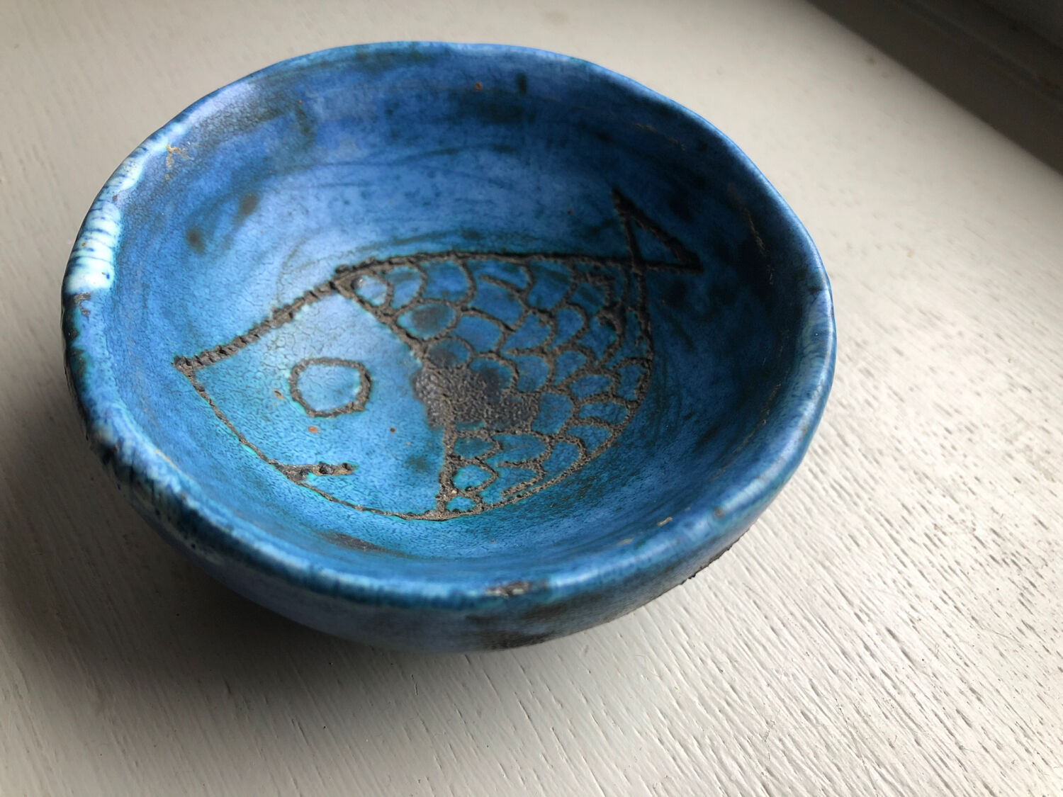 Round blue ceramic cup signed Blin around 1950