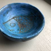 Round blue ceramic cup signed Blin around 1950