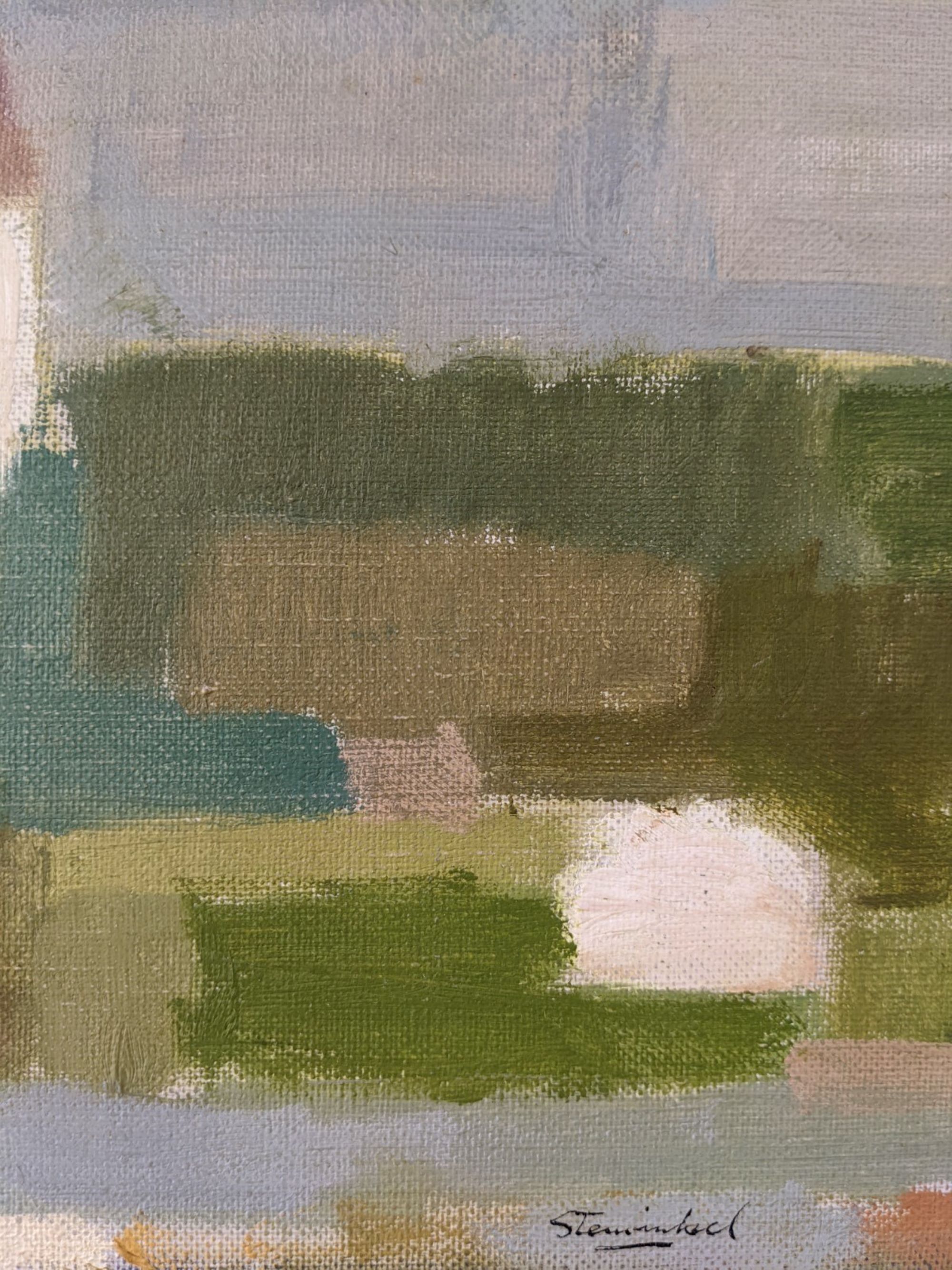 Mid-Century Modern Swedish "Houses by Nature" Vintage Landscape Oil Painting, Framed