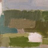 Mid-Century Modern Swedish "Houses by Nature" Vintage Landscape Oil Painting, Framed