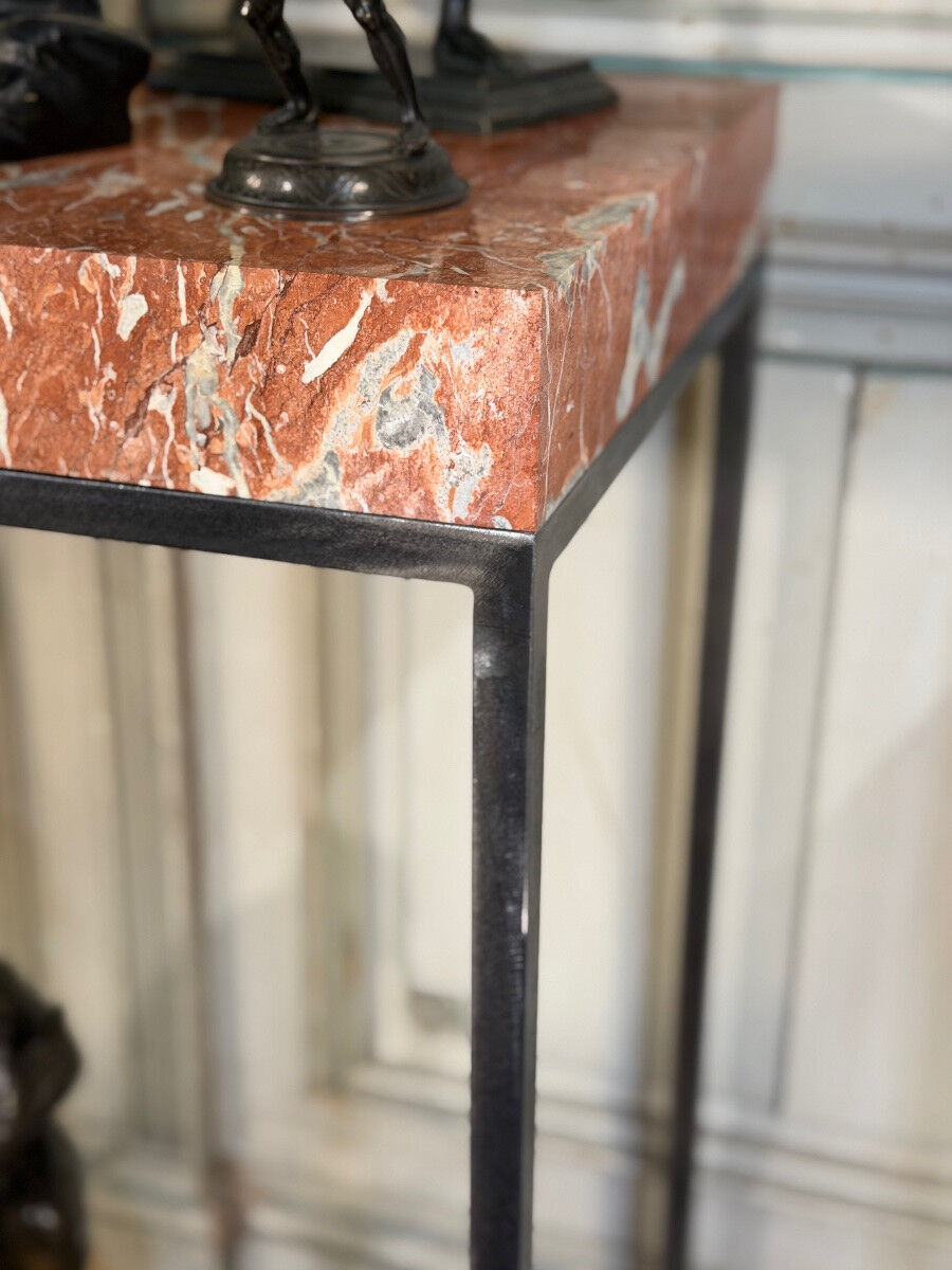 Pair of contemporary consoles in marble and metal.