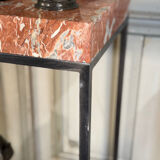 Pair of contemporary consoles in marble and metal.