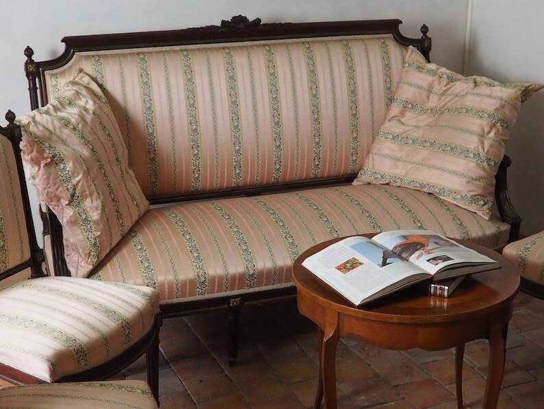 Antique French Empire Style Sofa and Chairs: Pink Satin Furniture Set