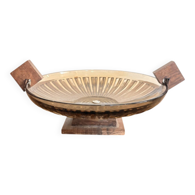 Ancien Coupe Fruit Centre Table Art Déco Verre Fumé Bois