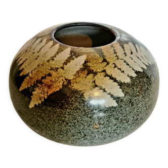 Grey brown round handmade vintage vase with leaf design