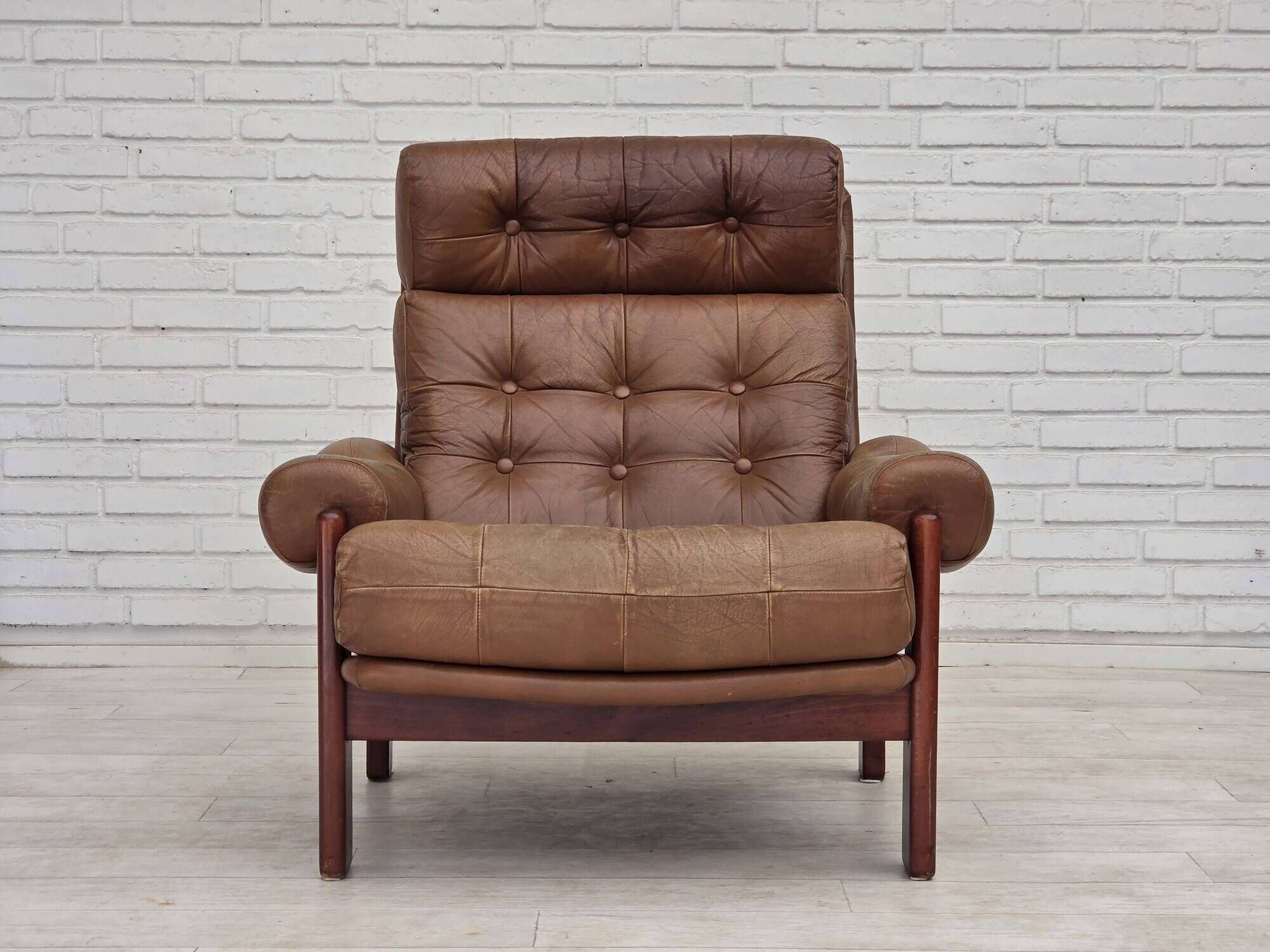 1970s, Swedish design, armchair with footstool, furniture leather.
