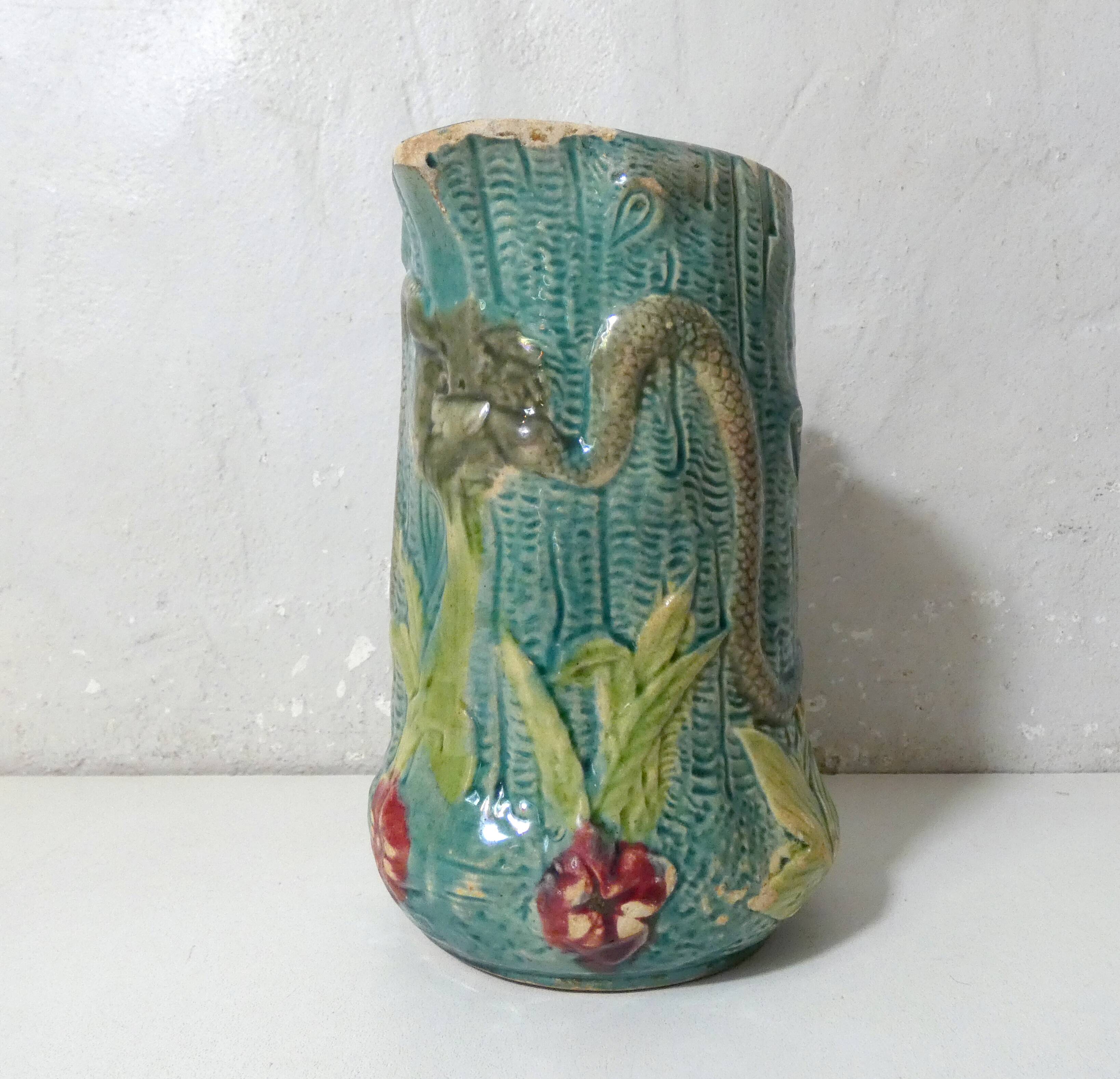 Antique turquoise Art Deco majolica pitcher vase with a snake motif