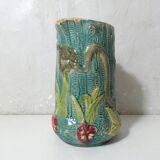 Antique turquoise Art Deco majolica pitcher vase with a snake motif