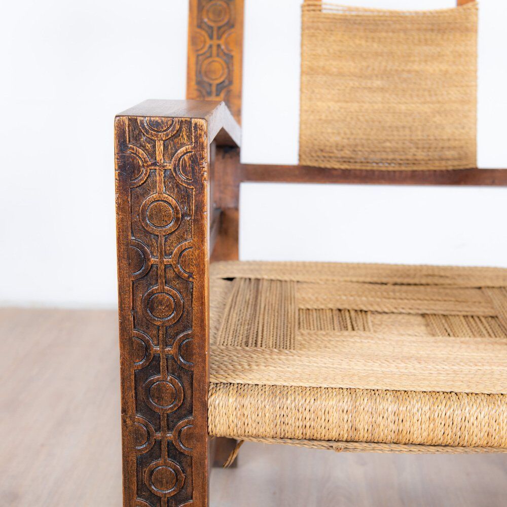 Neo-Basque sculpted armchairs in straw and oak, 1940s, set of 3