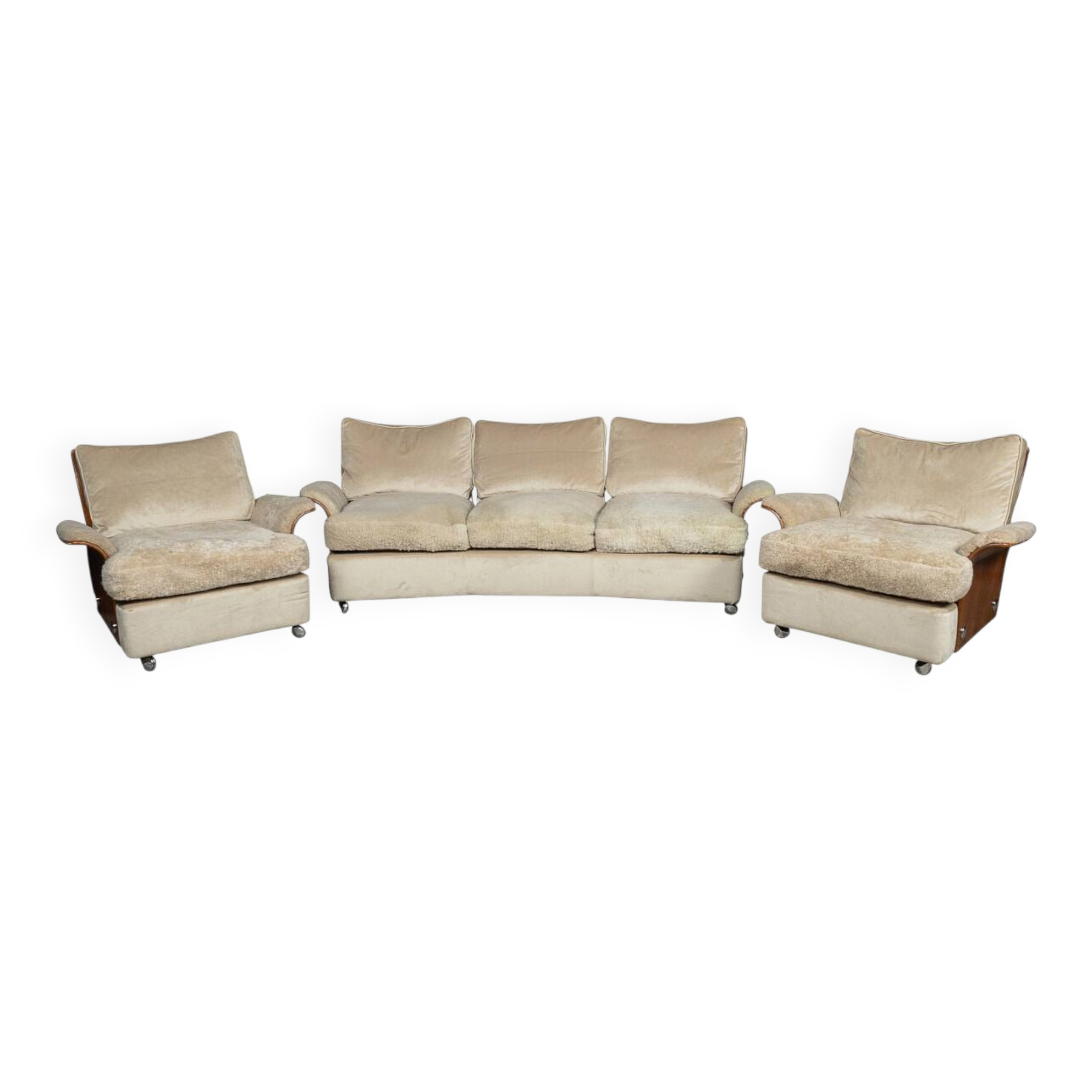 Vintage 20th century cream velvet "tulip" seating suite by km wilkins c1970