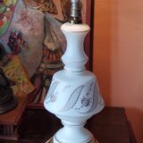 Vintage lamp of the 50s in white and golden opaline glass lampshade in red satin 75cm
