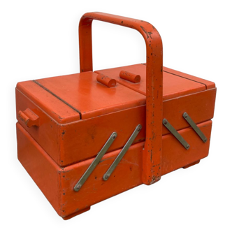 Orange wooden sewing box 1960 1970