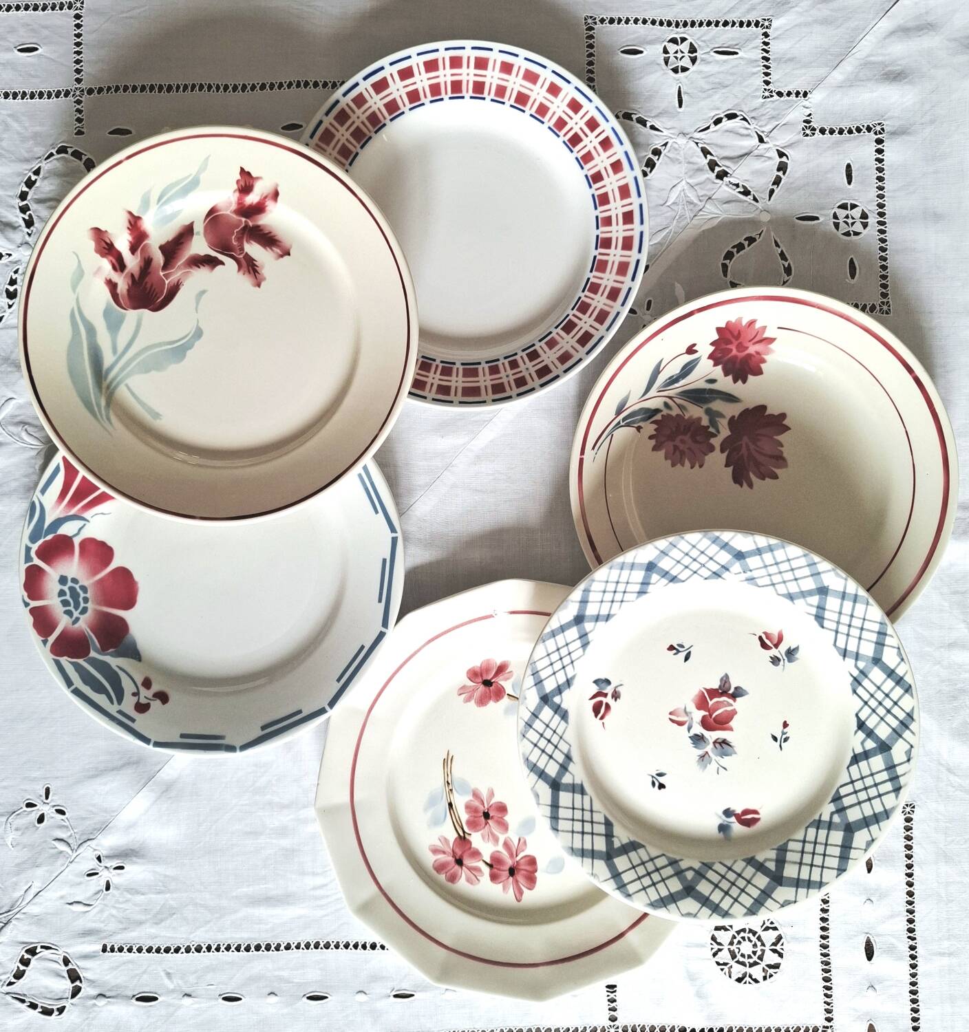 Mismatched antique earthenware dinner plates
