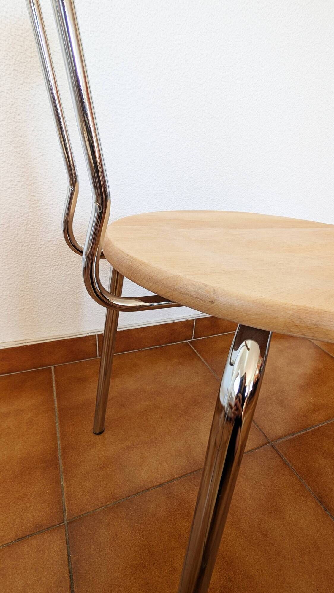 Set of 4 vintage/restored 70s/80s wooden and chrome bistro chairs.