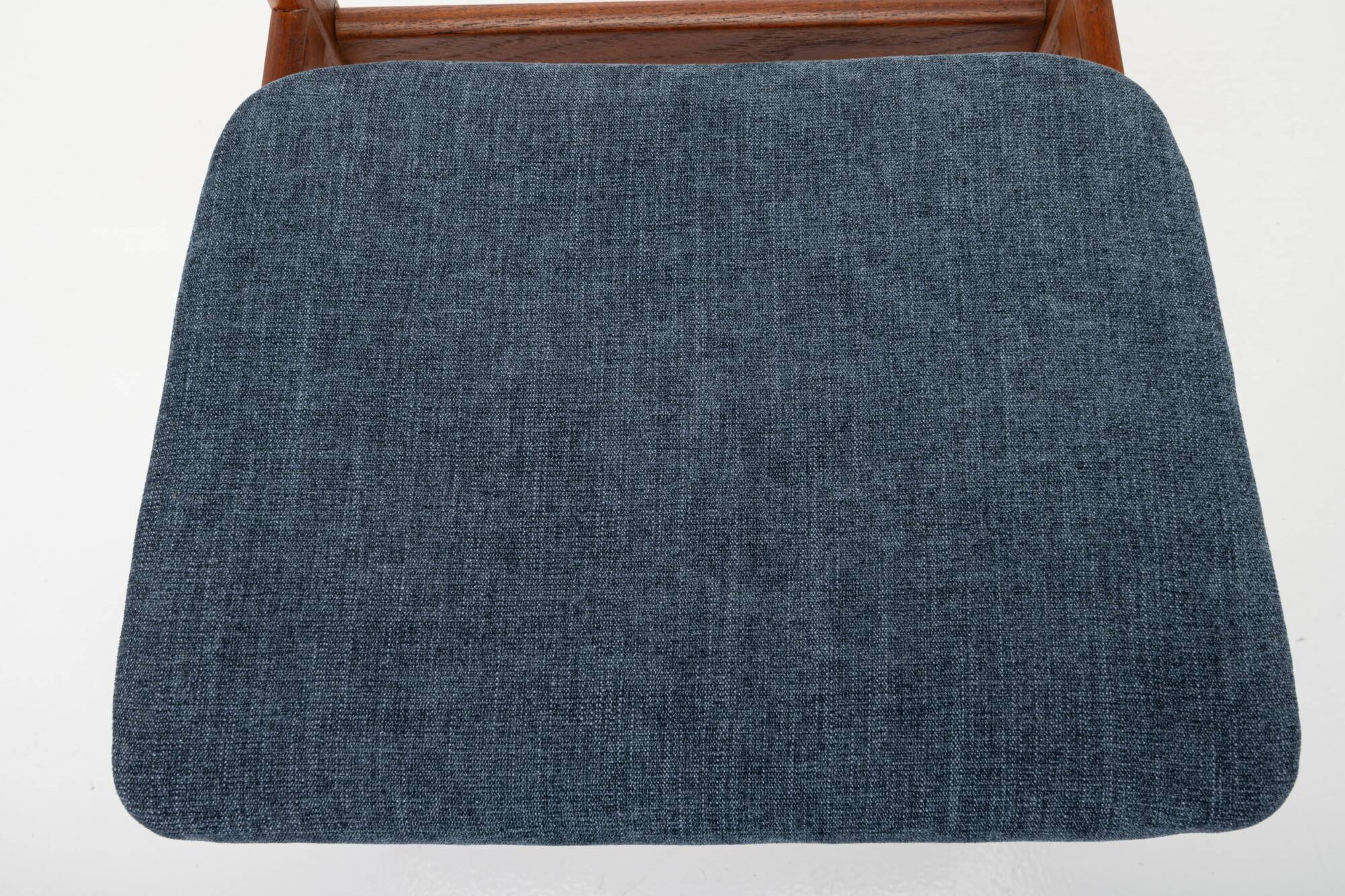 Set of 4 vintage dining chairs in teak and blue fabric