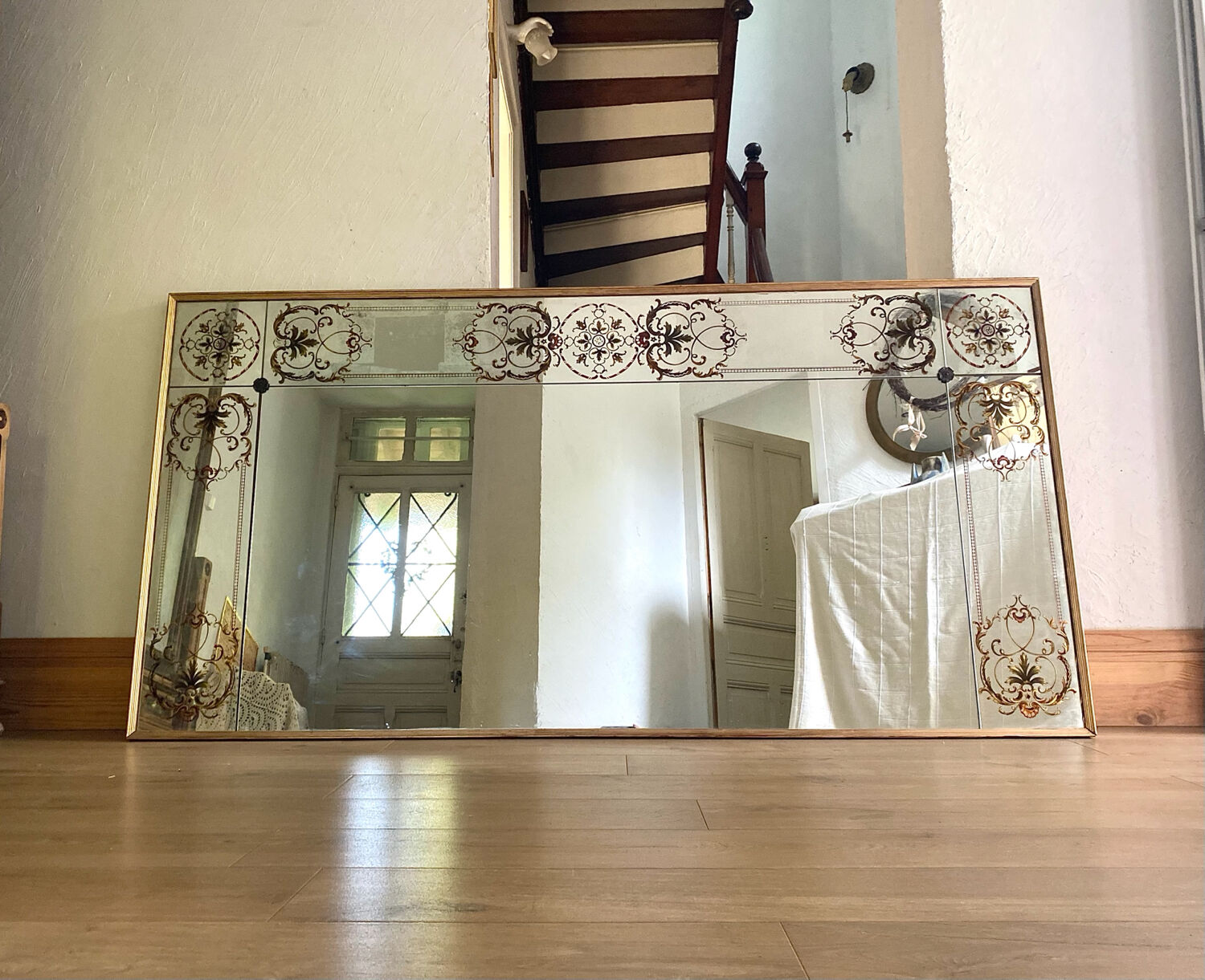 Antique bistro/brasserie mirror in reverse-painted glass, 202 x 102 cm