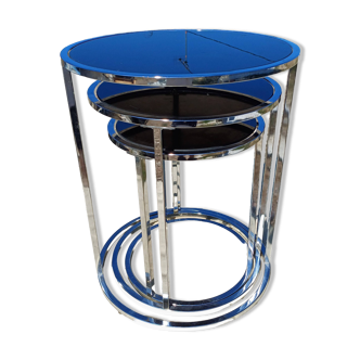 3 Tables Gigognes Vintage Chrome et Verre Fumé