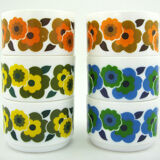 6 cups lotus arcopal france - orange, blue and yellow pop flower patterns - vintage 70s