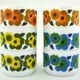 6 cups lotus arcopal france - orange, blue and yellow pop flower patterns - vintage 70s
