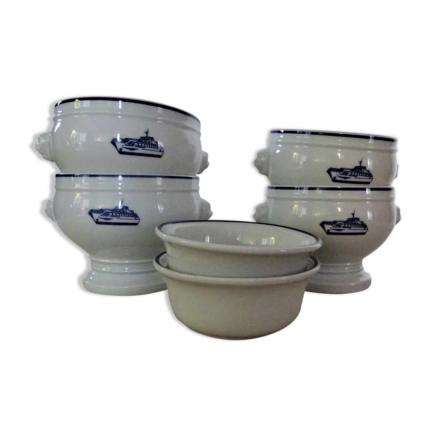 4 Large bowls salad bowls + 2 cups PILLIVUYT blue decoration boat G. CAOUDAL