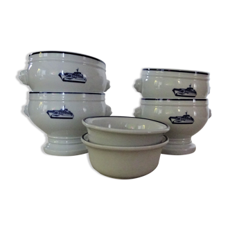4 Large bowls salad bowls + 2 cups PILLIVUYT blue decoration boat G. CAOUDAL