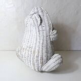 Corbeille à papier grenouille vintage en rotin blanc
