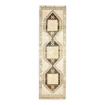 1970s Vintage Turkish Hand-Knotted Wool Cotton Beige Runner Rug  103x374