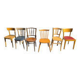 Set of 6 mismatched vintage wooden bistro chairs