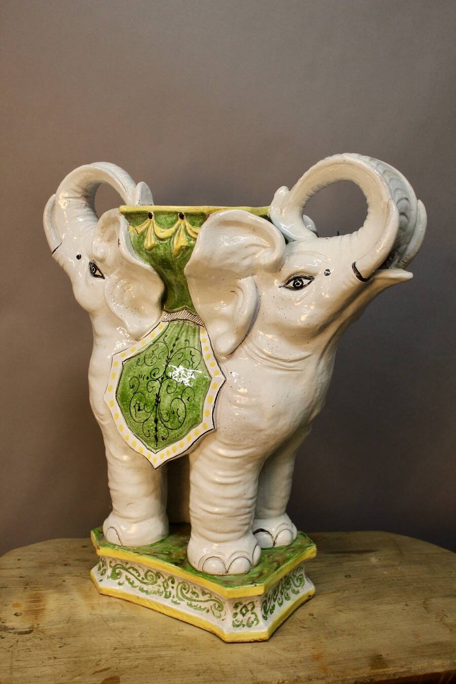 "Elephants" design chess table, enamelled, hand-painted.