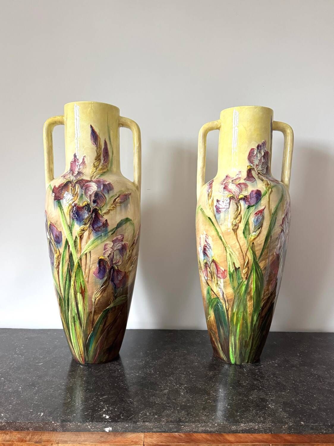 Pair of majestic Art Nouveau Vallauris vases by P. Perret