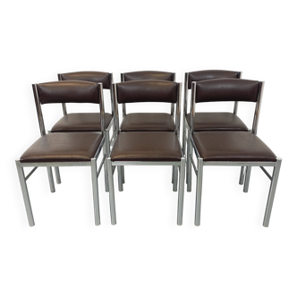Suite de 6 chaises vintage des années 70 en métal chromé et skai marron