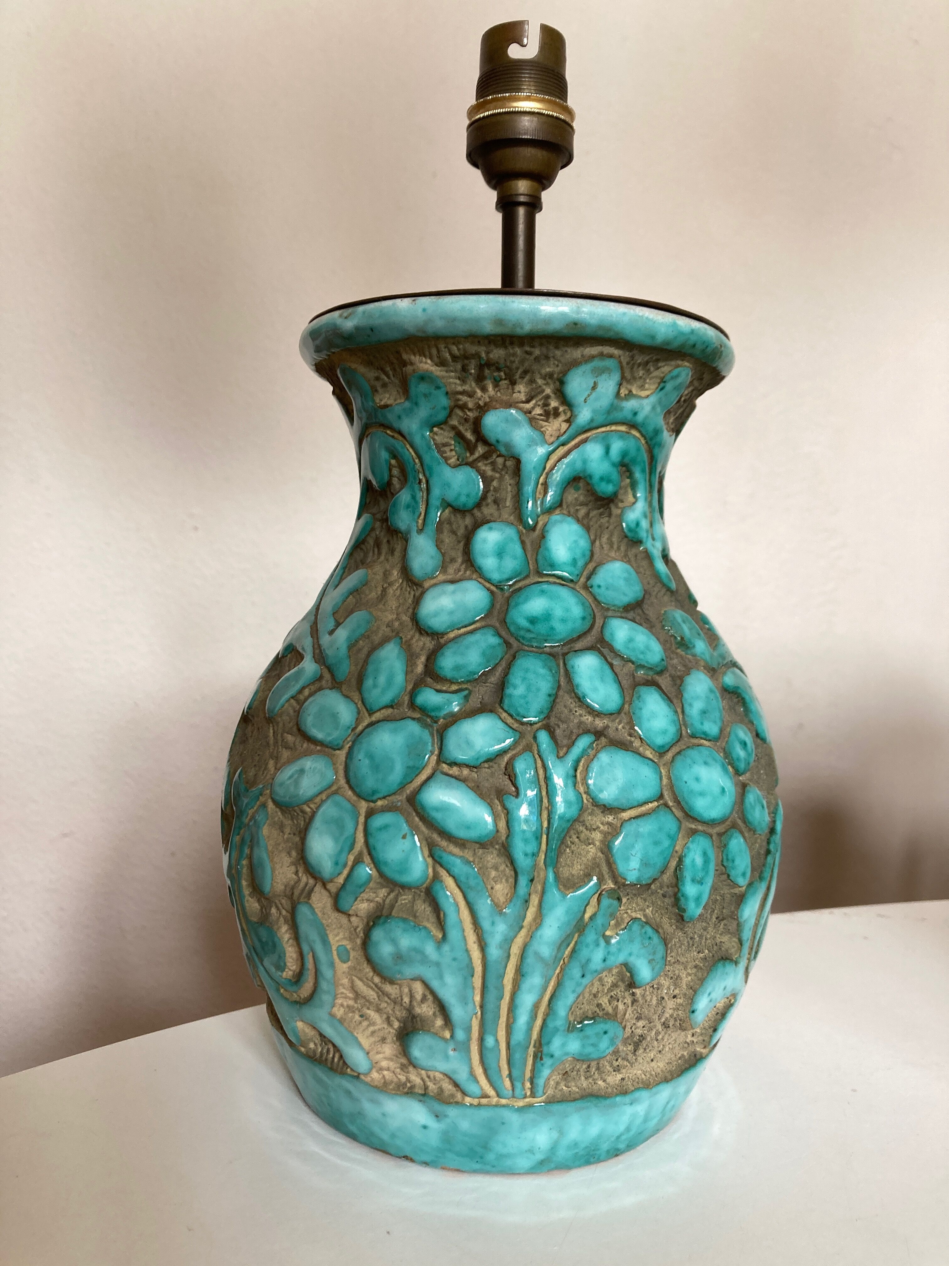 Italian glazed ceramic lamp 1960 mid century Bitossi turquoise