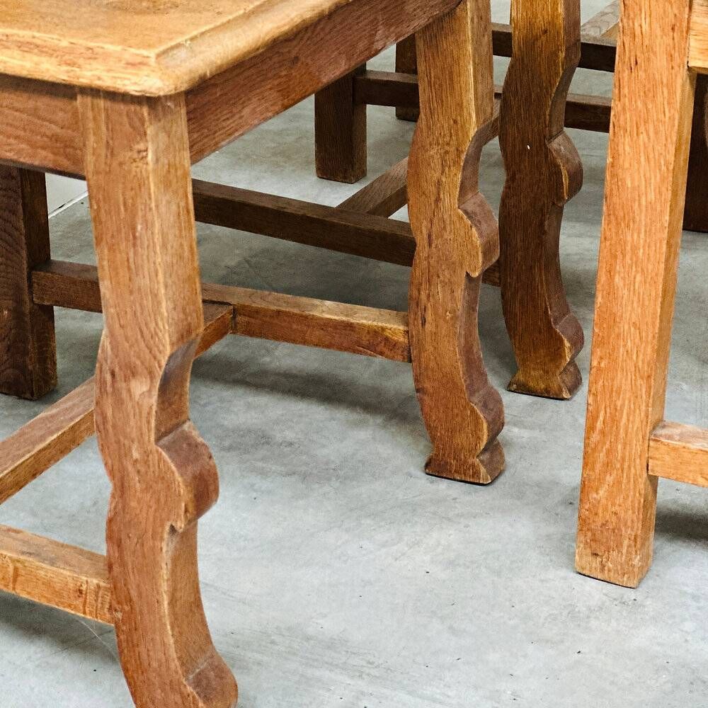Set of 6 vintage solid oak high-back dining chairs – rustic European / Spanish revival