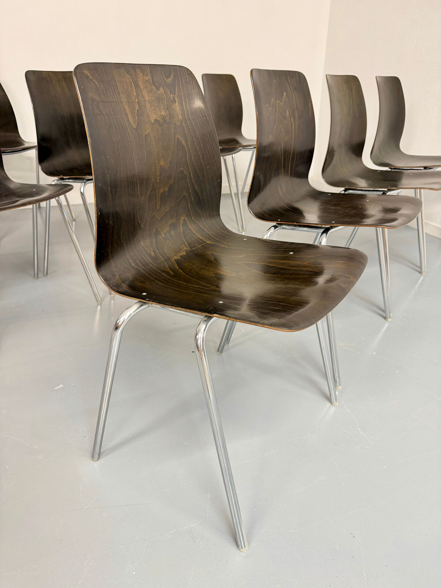 Set of 32 wooden and chrome chairs, Pagholz design from the 80s, vintage Pagwood.