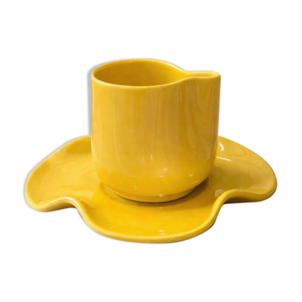Set tasse & soucoupe ondulée céramique - jaune citron