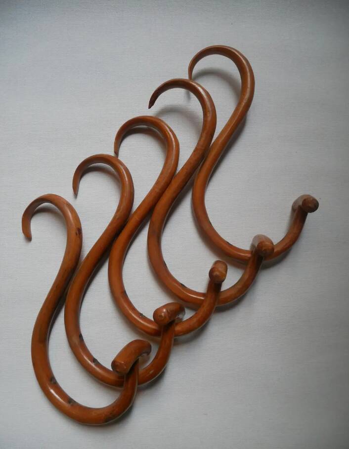 Set of five turned wooden wall hooks Thonet classic country decoration