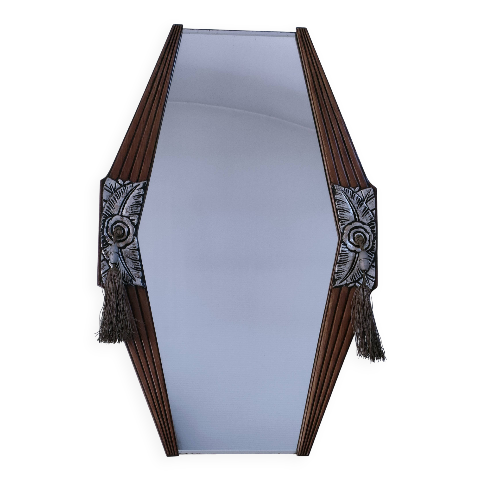 Miroir Art Déco en bois, stuc et passementerie