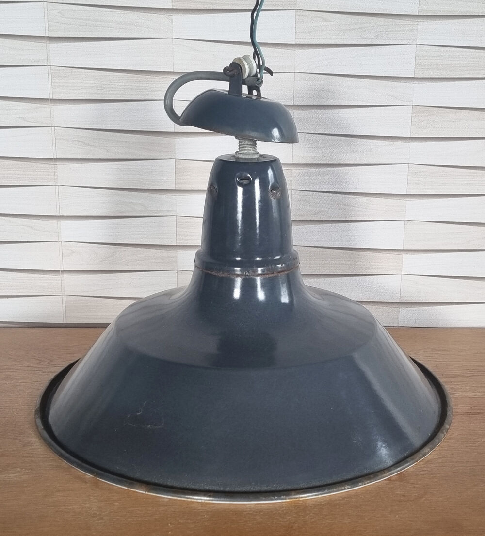 Industrial pendant lamp enamelled blue grey, vintage, 50s