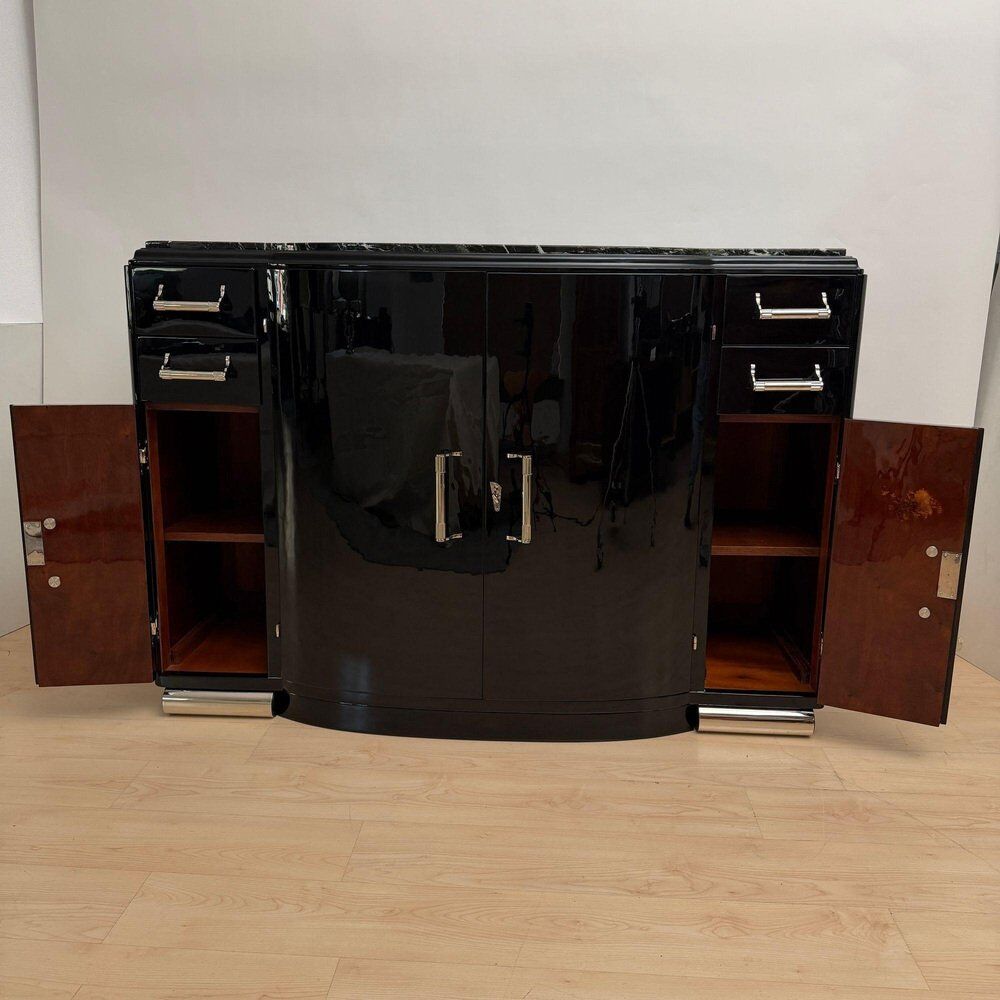 Art Deco sideboard in black lacquer, nickel, marble and mahogany, 1930s