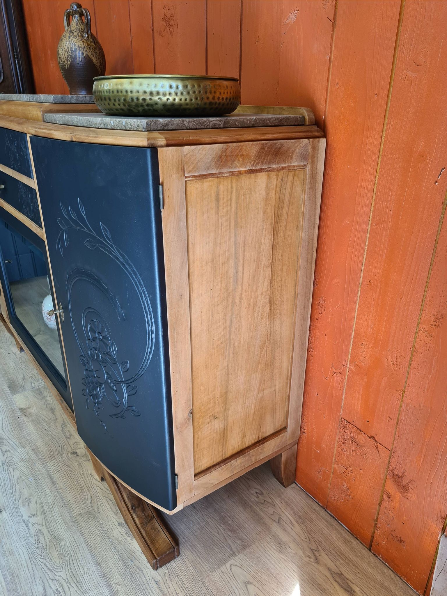 Renovated art deco walnut sideboard with beveled glass door and marble tops