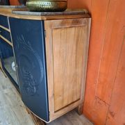 Renovated art deco walnut sideboard with beveled glass door and marble tops