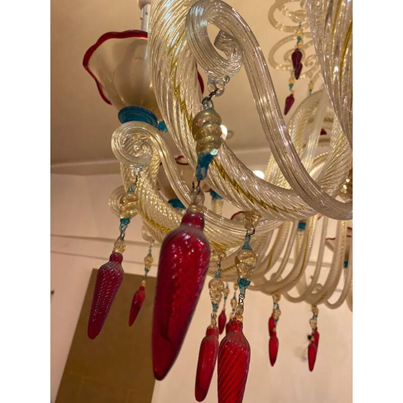 1970s Italian Chandelier Style Murano Glass Multicolors With Flowers