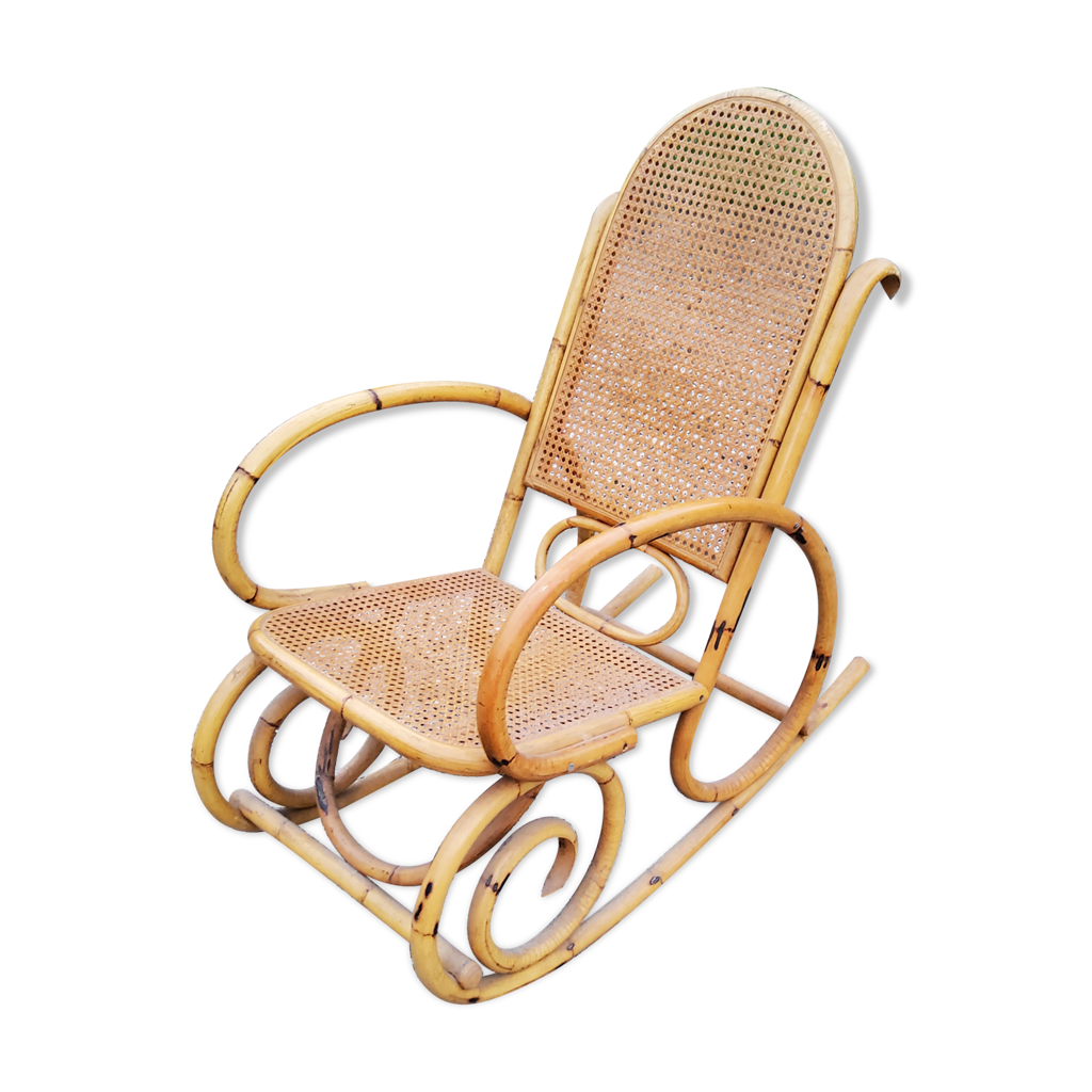Fauteuil rockingchair en bambou rotin et cannage des années 70 Selency