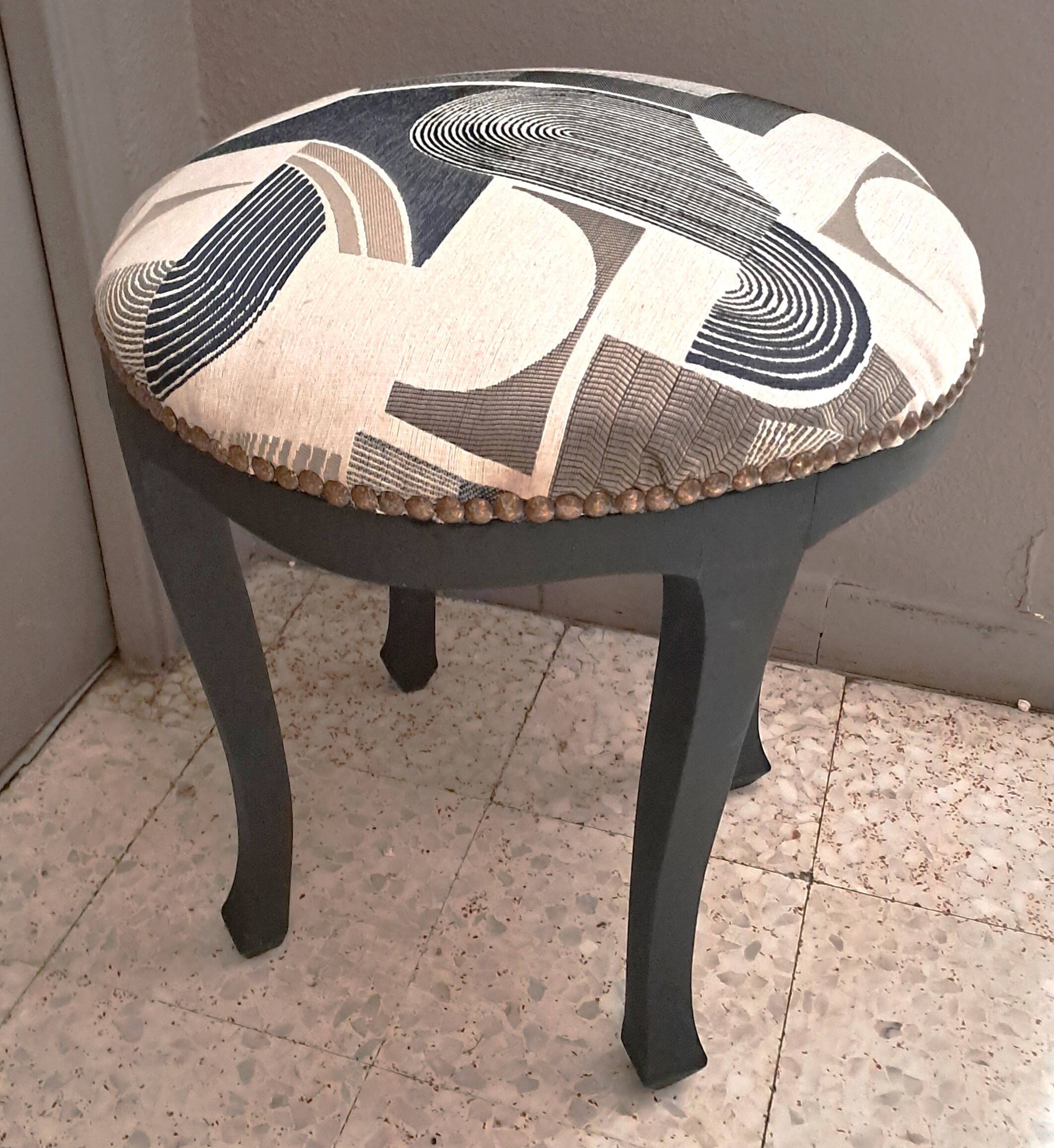 Black wood piano stool Art Deco fabric restoration upholstery 1950 living room decoration