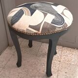 Black wood piano stool Art Deco fabric restoration upholstery 1950 living room decoration