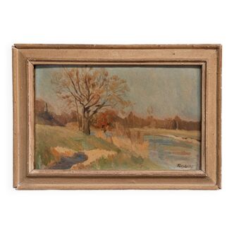 Oil on panel by Félix Labbé XXth riverside ceruse frame