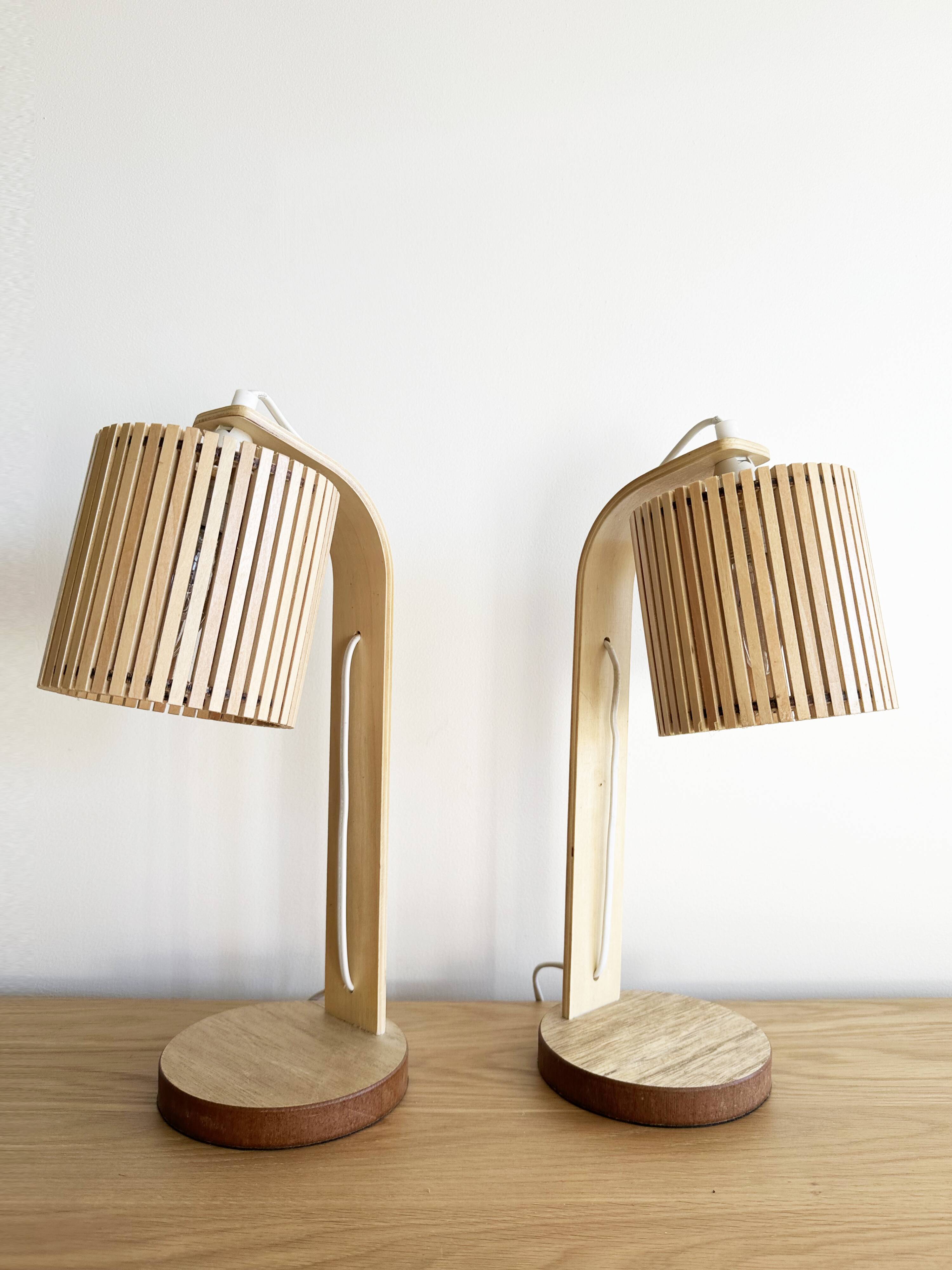 Pair of large Scandinavian lamps in natural wood.